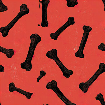 Black bone pattern on red background creates spooky Halloween design with scattered skeleton elements