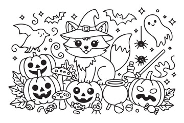 Naklejka premium Spooky Fox Halloween Line Art Vector Design Isolated on White Background