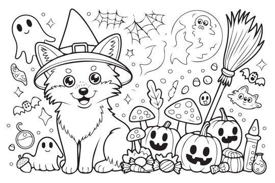 line art Halloween Fox vector illustration isolated on white background