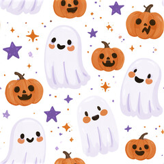 Obraz premium Cute Halloween ghost and pumpkin seamless pattern with purple stars and orange sparkles for festive design