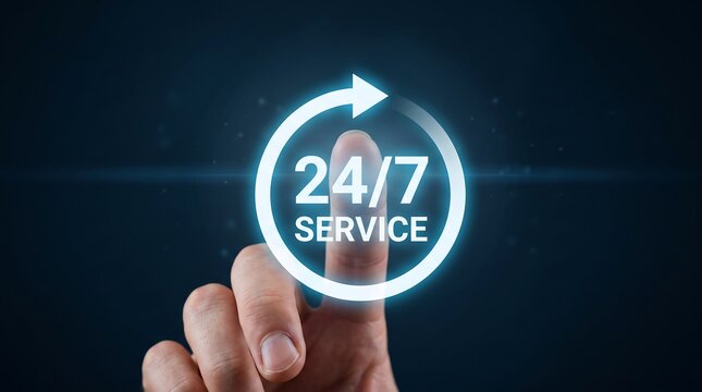 Business person touching glowing virtual interface showing 24/7 service symbol for global customer support concept represented by digital neon arrow circle on dark background