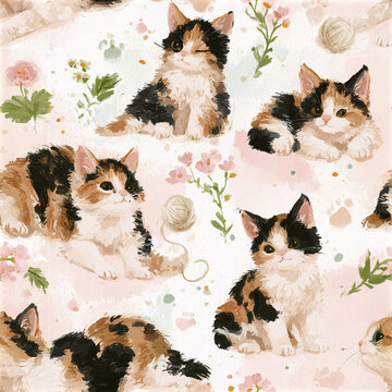 Calico cat seamless pattern with playful kittens and soft floral elements creating charming and cozy atmosphere