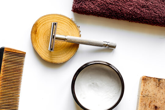 Mens hairdressing desktop with tools for shaving top view