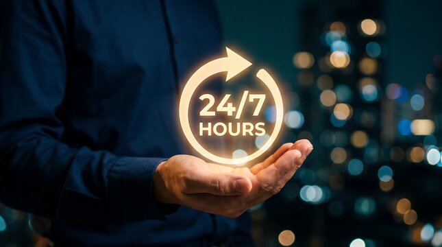 Business person holding glowing 24/7 hours symbol in palm to represent constant service and reliable customer support for modern corporate enterprise growth strategy