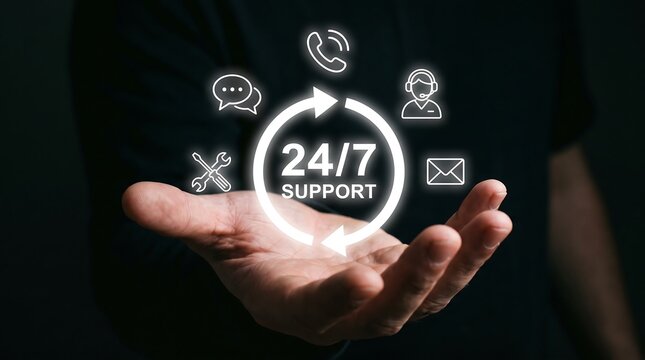 Professional hand holding glowing 24/7 support circle with various communication icons representing integrated customer service channels for modern business efficiency