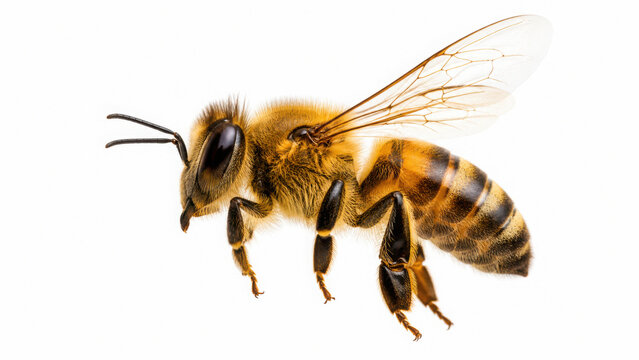 Side profile view of a honey bee worker isolated on transparent background cut out