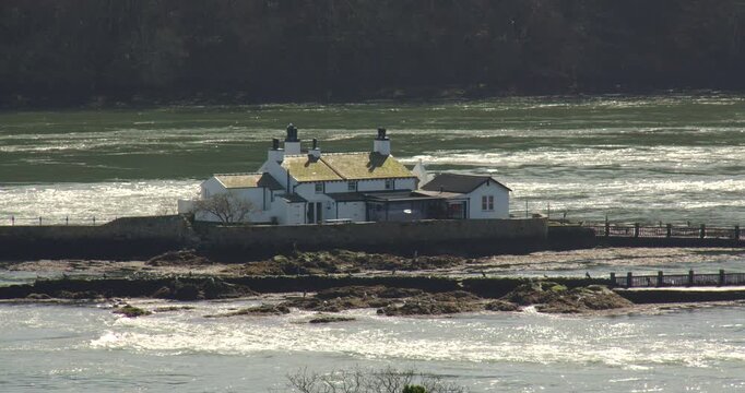 shot of Ynys Gorad Goch, Red Weir Island Menai Strait from the A5,