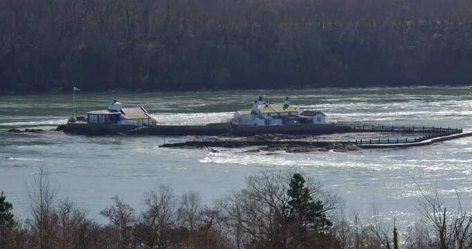 Wide shot of Ynys Gorad Goch, Red Weir Island Menai Strait from the A5, Ffordd Caergybi, Llanfairpwllgwyngyll