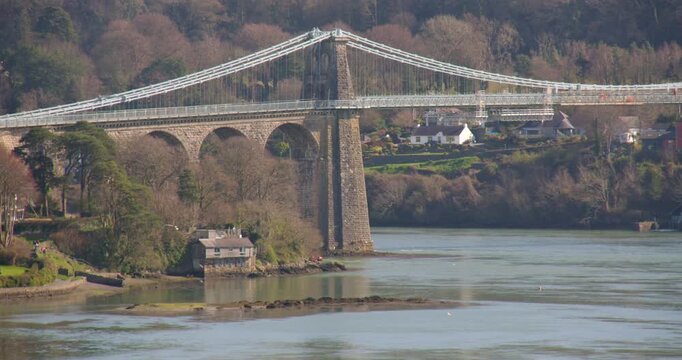 Shot of the left side of the Menai suspension bridge and Menai Strait from the A5, Ffordd Caergybi, Llanfairpwllgwyngyll