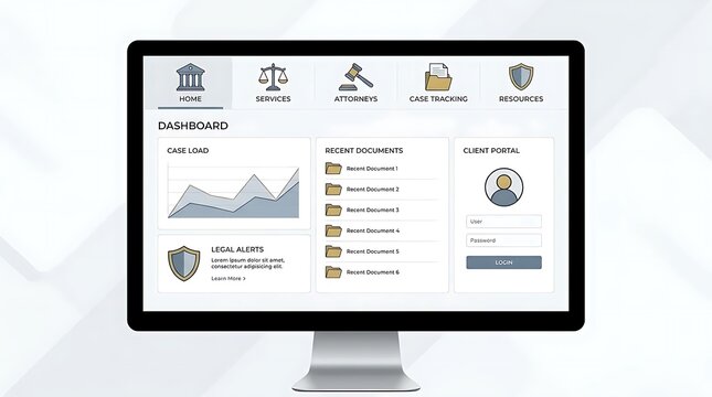 Legal software dashboard on desktop monitor.