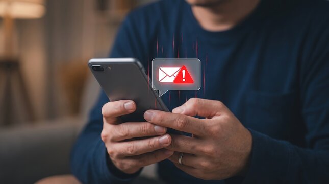 Person holding mobile phone with glowing red email envelope notification and warning alert sign symbol representing cybersecurity risk or spam message on smartphone screen