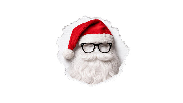 Santa Claus Inspired Character Formed by Red Hat, White Beard and Black Glasses, Christmas Holiday Symbol in Torn Paper Collage Style