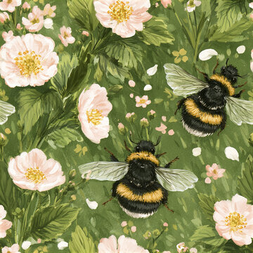 Cheerful meadow seamless pattern with cute striped bumblebees and soft pink flowers on green leaves background
