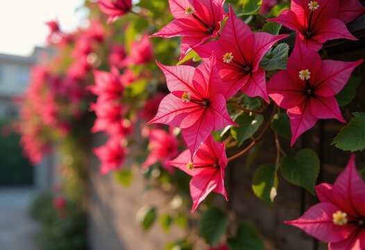 Colorful Bougainvillea Bracts Climbing Urban Wall Vivid Floral Transformation Outdoor Beauty