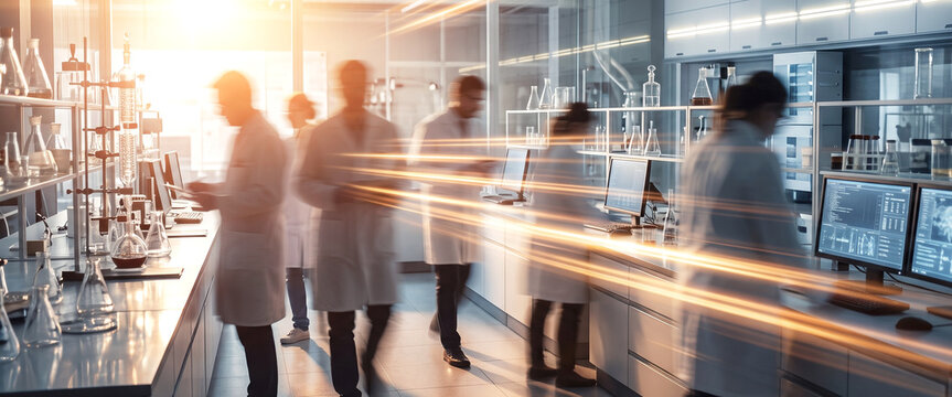 A modern laboratory scene with multiple scientists working diligently amidst advanced equipment and screens. The ambience is bright and dynamic, emphasizing research and innovation.