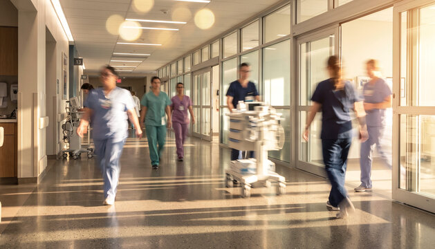 Healthcare professionals walk through a hospital corridor, showcasing teamwork. This image captures a vibrant, dynamic environment typical in medical facilities.