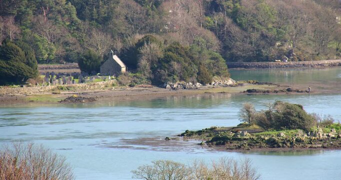 Long shot of Ynys weltog and church island