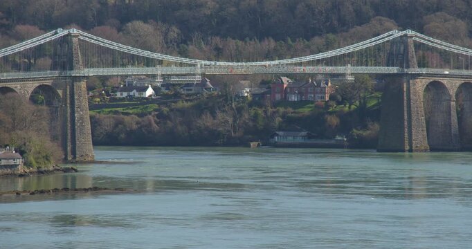 mid shot of the Menai suspension bridge and Menai Strait from the Ffordd Caergybi, Llanfairpwllgwyngyll