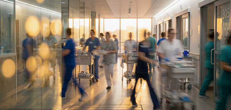 A busy hospital hallway during sunset, with medical staff in scrubs moving quickly. The atmosphere reflects a sense of urgency and care.