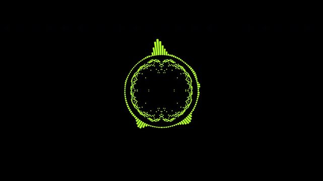 A graphic circular loop of rhythmic audio frequency sound waves in the background.