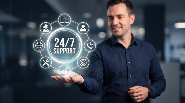 Smiling man in office environment presenting glowing digital twenty four seven customer support dashboard with icons for technical assistance and round the clock business service solutions