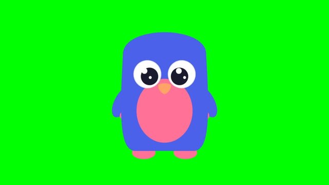 Cute Blue Cartoon Bird Character On Bright Green Background.