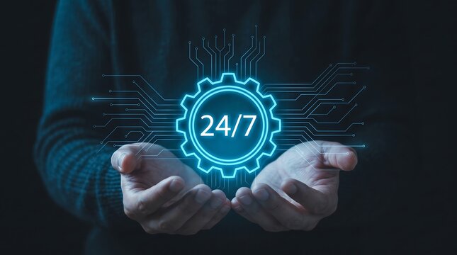 Person cupping hands around glowing digital gear with twenty four seven text and electronic circuit board patterns for advanced technical service and round the clock automation