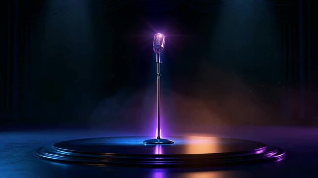 Glowing Vintage Microphone on Neon Concert Stage