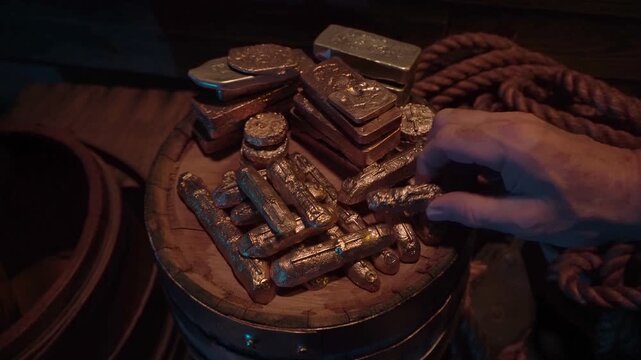 Gold ingots piled on top of barrel. Hand enters from right and takes an ingot.