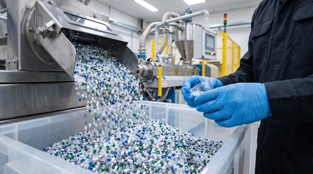 Technician inspecting recycled plastic pellets in a modern manufacturing and recycling facility