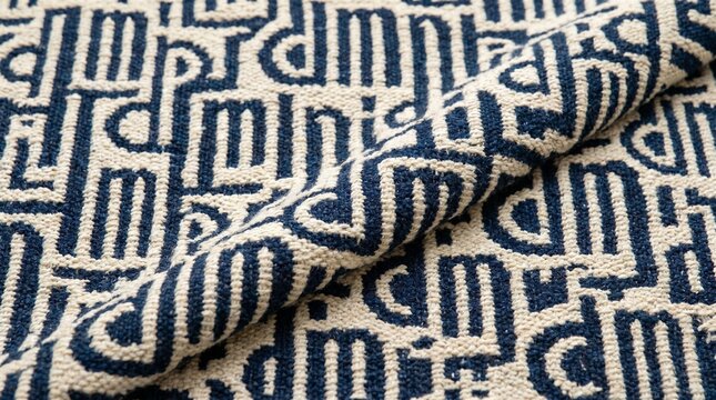 Close-up of intricately woven fabric featuring geometric patterns in blue and cream colors, for textile and fabric design, traditional craftsmanship, artisan products