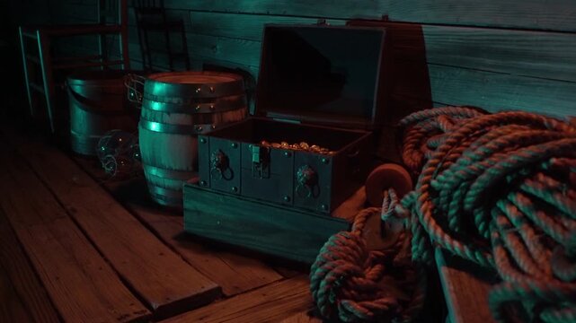 Treasure chest and ship's cargo on deck.