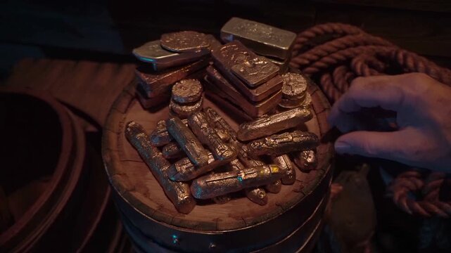 Gold treasure piled up on a barrel top. Hand sneakily grabs an ingot.