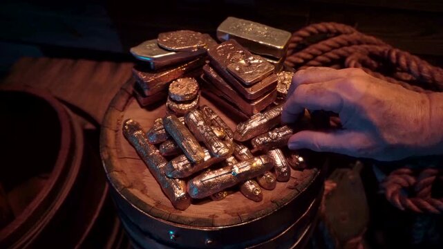 Gold treasure piled up on a barrel top. Hand grabs an ingot and examines it.