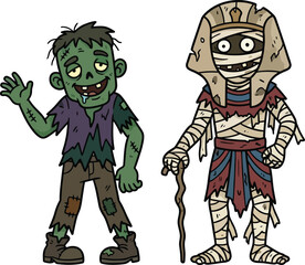 Obraz premium Cartoon illustration of a green zombie and an ancient Egyptian mummy standing side by side.