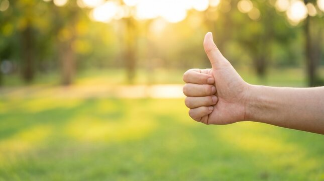 Hand giving a thumbs up gesture in a green park during sunset, with blurred trees and soft sunlight, for positive feedback and approval concepts, encouragement and motivation themes