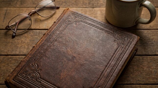 Vintage leather-bound book with embossed cover placed on a wooden table next to a ceramic coffee mug and a pair of reading glasses, for reading and literature content, books and education themes