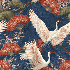 Naklejka premium Cranes flying with red fans and pine tree branches on blue background create classic Japanese celebration seamless pattern
