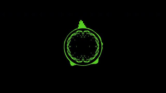 A graphic circular loop of rhythmic audio frequency sound waves in the background.