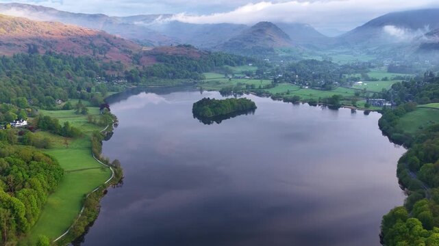 Stunning aerial view over Grasmere Lake and surrounding fells, Cumbria, UK.