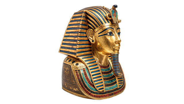 Ancient golden Egyptian pharaoh burial mask artifact isolated on transparent background