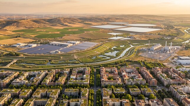 Aerial view of a modern urban landscape featuring residential buildings, solar panels, and agricultural fields, with wind turbines visible in the distance, for climate adaptation, sustainable cities