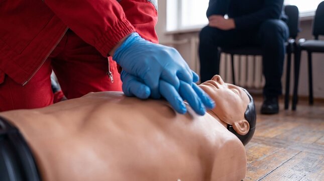Close-up of hands performing CPR chest compressions on training mannequin