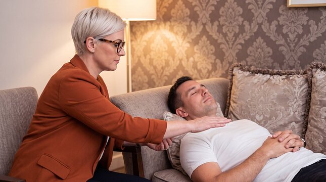 Therapist performing hypnotherapy session with relaxed client on sofa