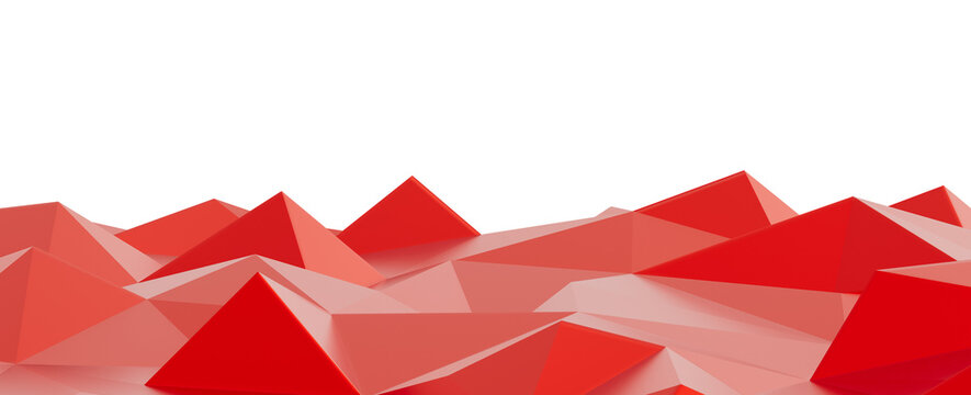 Modern digital art featuring red and orange polygonal shapes and pyramids on a dark background.