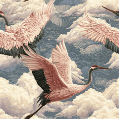 Naklejka premium Pink crane bird flying with black wing tips in cloudy sky seamless pattern with floral and fan shapes