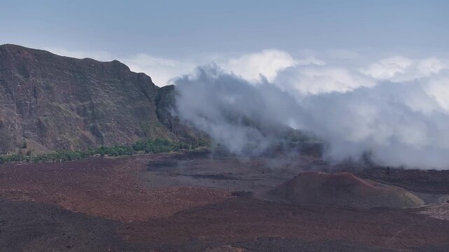 Drone Shot of Volcanic Smoke Above Lava Fields of Fogo Island, Cape Verde