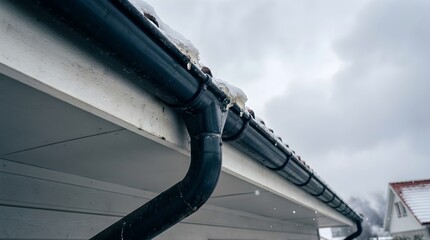 Naklejka premium Eaves Trough In Winter With Snow On The Roof And Ice Dripping