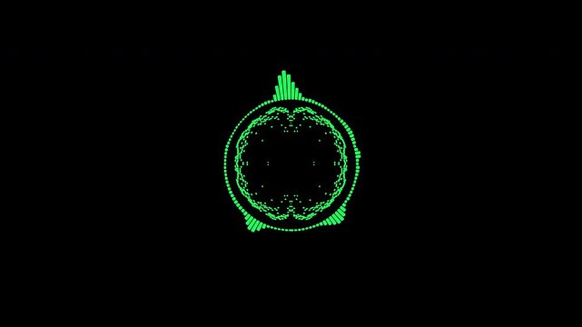 A graphic circular loop of rhythmic audio frequency sound waves in the background.