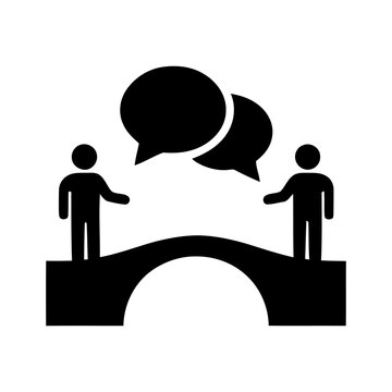 Two people talking on a bridge with speech bubbles, communication concept
